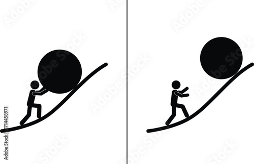 Stick Figure Pushing and Rolling a Large Ball Uphill on White Background person
