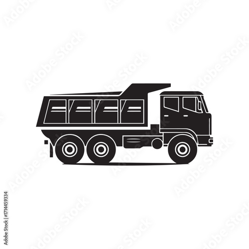 Black Silhouette of a Dump Truck with Three Axles and Windows