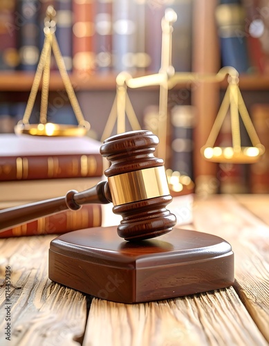 Law books, gavel, and scales of justice on a wooden table