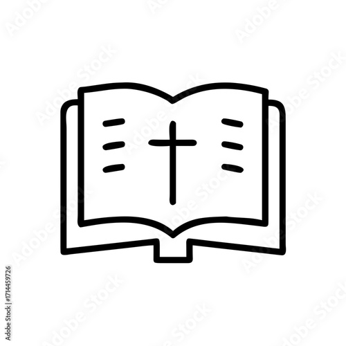 Open Bible with cross symbol in simple line art design  