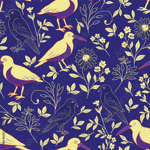 Eurasian Oyster Catcher and Northern Goshawk seamless vector pattern, hand drawn birds background. Vector illustration