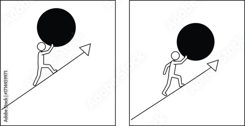Two Stick Figures Pushing a Black Ball Up an Arrowed Inclined Line Keywords: stick figure, pushing, ball, black ball, arrow