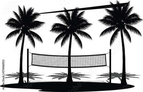Beach volleyball net silhouette with palm trees vector illustration, tropical summer vacation sport design for travel, holiday, and outdoor recreation themes