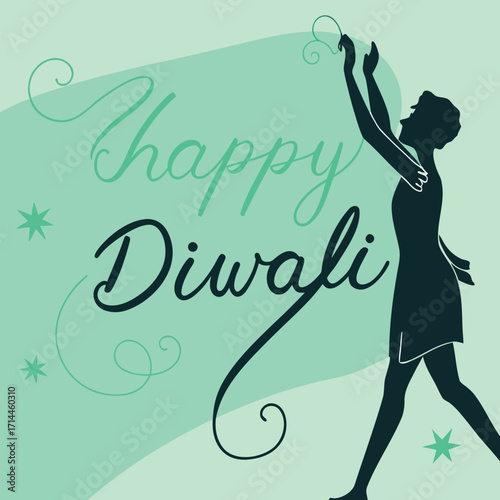 Joyful woman celebrating Diwali with vibrant colors and festive greetings for social media.