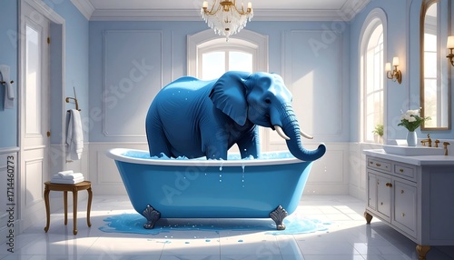 A Blue Elephant Takes a Luxurious Bath in a Classic Bathroom