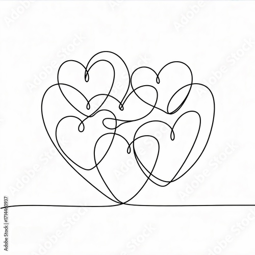 Continuous line drawing of five interconnected hearts  