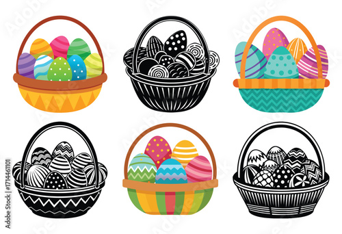 Easter and Fruit Basket Vector Collection in Color and Silhouette Style

