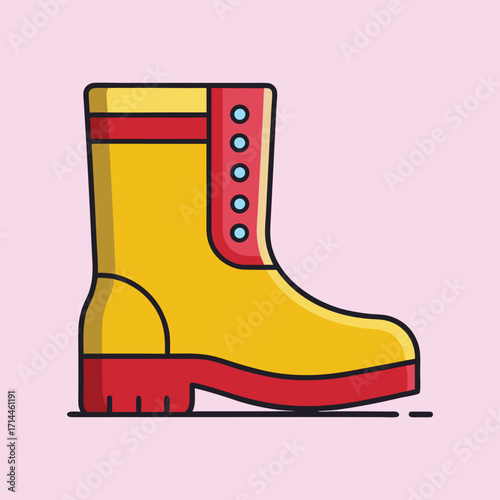 Stylized yellow and red rubber rain boot for outdoor weather protection