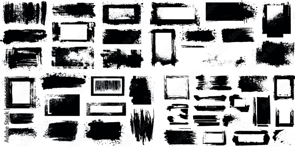 Obraz premium Big collection of black paint splashed grunge old stained brush strokes, Rough Grunge Ink Dropped Brush Strokes Set with Organic Splatter Effects for Artistic Designs.