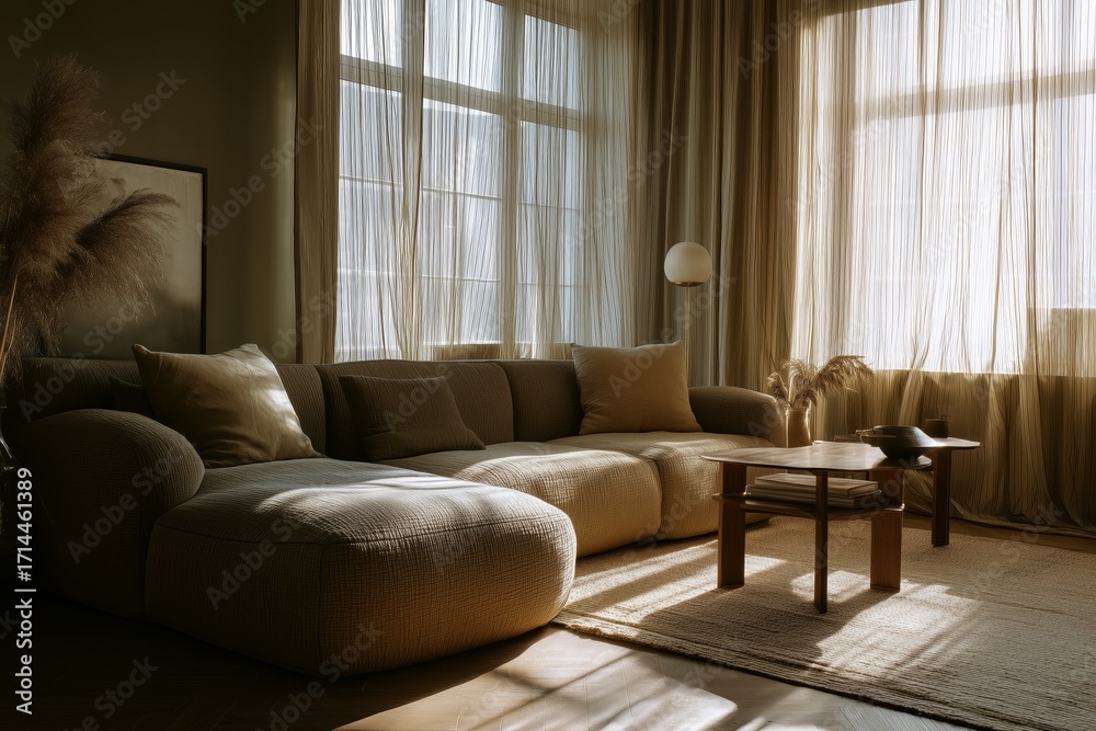 Fototapeta premium Japandi-inspired lounge featuring soothing hues and minimalist decor incorporating organic elements and linen curtains illuminated by soft natural light