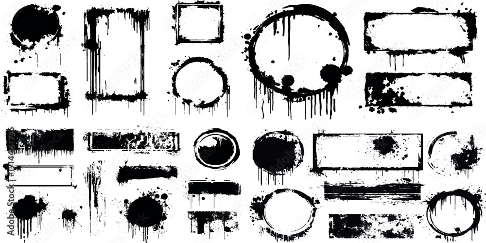 Obraz premium Collection of black shapes and brush strokes Grunge brushed overlay set featuring rough textures, Authentic Grunge Ink Dropped Brush Strokes Set with Raw Splatter Textures.