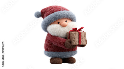 An adorable Santa, with a cute rosy nose and festive attire, stands poised with a beautifully wrapped gift, embodying the spirit of Christmas cheer and generosity.