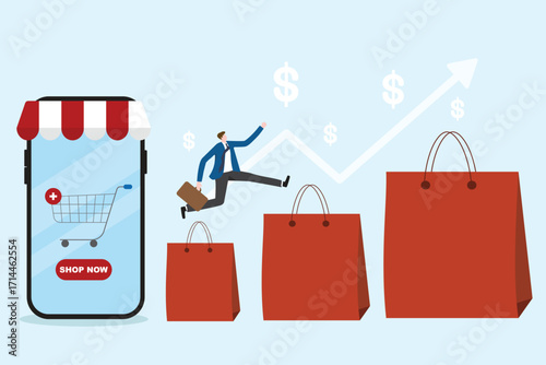 Online business growth development. Online shopping marketing and advertisement concept, Shop online delivery, Ordering at home. Technology for e-commerce illustration flat vector.