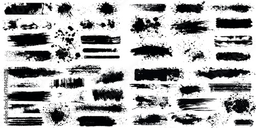 stencil marks distress spray paint effected set of brush strokes, Collection of black paint splatters,  Unique Grunge Ink Dropped Brush Strokes Set with Rough Splatter Textures for Bold Artwork.