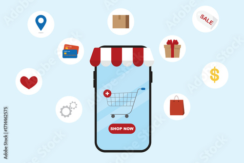 Online shopping concept, Shop online delivery , Ordering at home. Technology for e-commerce illustration flat vector.