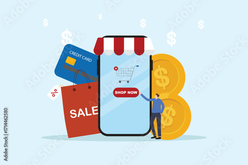 Online shopping concept, Shop online delivery , Ordering at home. Technology for e-commerce illustration flat vector.