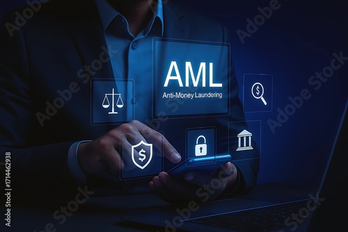 Anti-Money Laundering (AML) Business Concept – Professional Using Digital Interface with Financial Security and Compliance Icons