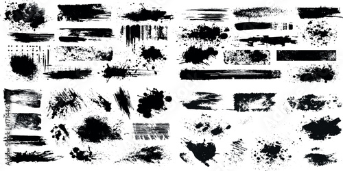 stencil marks distress spray paint effected set of brush strokes, Collection of black paint splatters,  Unique Grunge Ink Dropped Brush Strokes Set with Rough Splatter Textures for Bold Artwork.