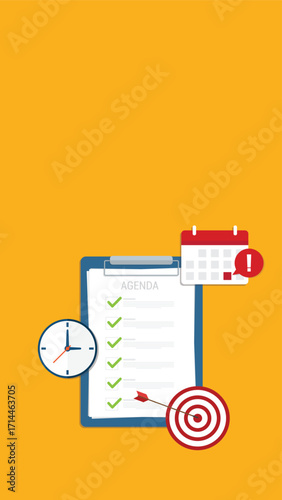 Agenda list on clipboard. Meeting agenda. Reminder with a event list and schedule. Presentation with memo.	