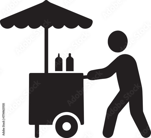 Street vendor cart icon in black silhouette with canopy and bottles for mobile sales, outdoor retail, and urban commerce
