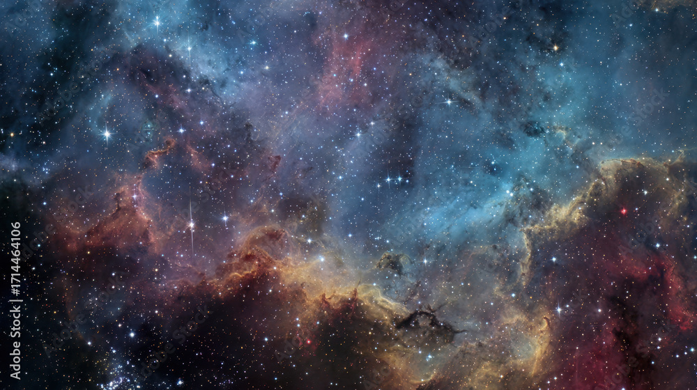 Fototapeta premium Vast cosmic nebula illuminated by distant stars in the night sky with swirling clouds of gas and dust creating a stunning celestial panorama of the universe.
