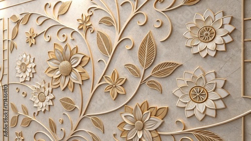 Elegant floral relief with intricate details and golden accents