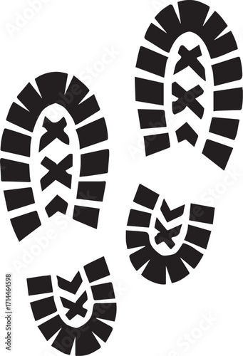 Boot print icon set in black silhouette with rugged tread for outdoor tracking, hiking, and forensic design themes