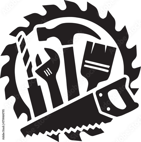 Construction tool icon set with hammer wrench saw drill and paintbrush in black silhouette emblem for DIY and hardware themes