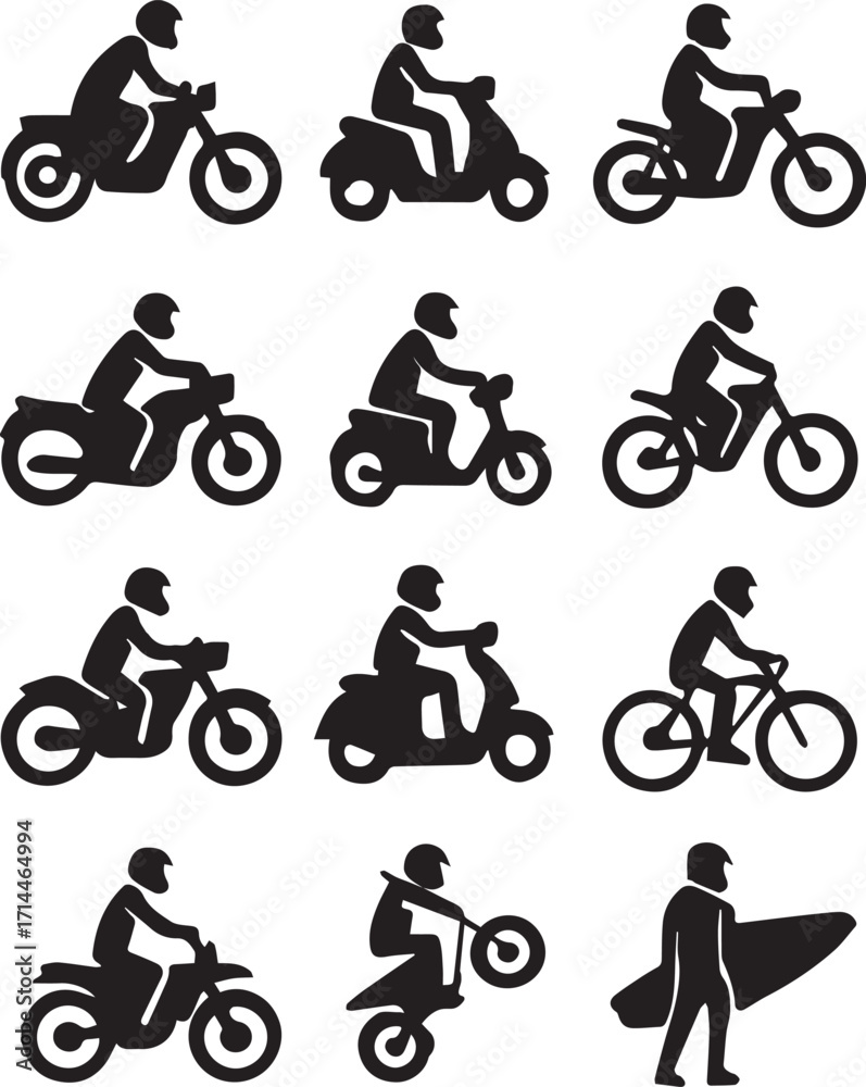 Obraz premium Transport and activity icon set with motorcycles scooters bicycle and surfboard silhouettes for outdoor lifestyle design