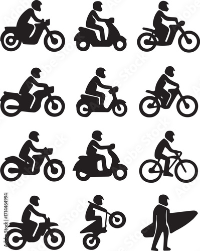Transport and activity icon set with motorcycles scooters bicycle and surfboard silhouettes for outdoor lifestyle design