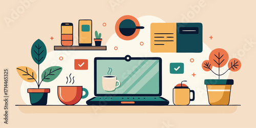 Remote work illustration with beige background

