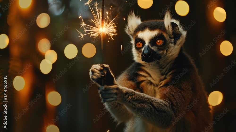 Obraz premium A ring-tailed lemur holds a sparkler in a festive setting with blurred lights in the background. The lemur has distinctive black and white markings.