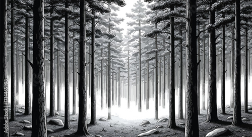 Black and white dramatic photograph of tall trees in dense forest with light shining, symbolizing mystery, adventure, and nature.