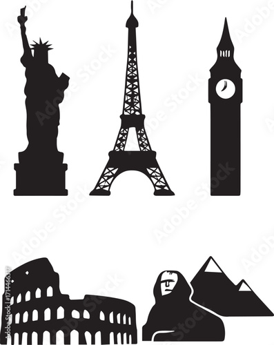 World landmark icon set with Statue of Liberty Eiffel Tower Big Ben Colosseum Sphinx and Pyramids in black silhouette