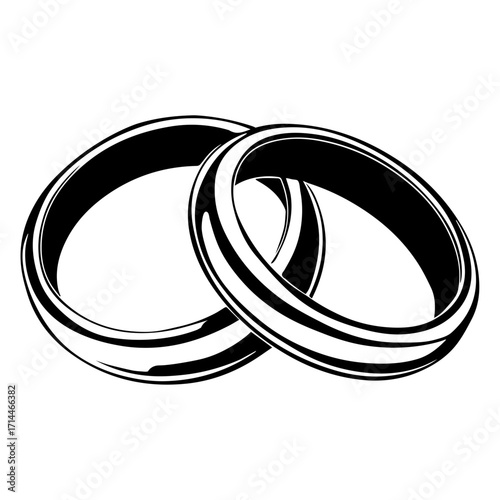 Illustration of two interlocking wedding rings in black and white with a shiny metallic appearance design