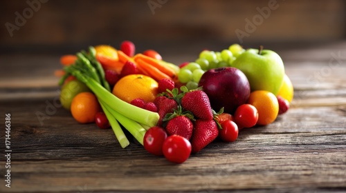 Vibrant arrangement of fresh fruits on a wooden table, showcasing natural beauty and freshness.