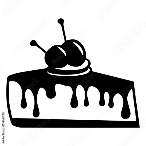 Isolated slice of cake with chocolate drizzle and cherry topping in black and white illustration style
