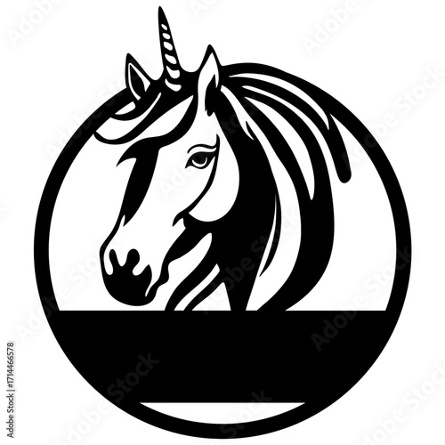 Black and white unicorn head inside a circle with a blank space at the bottom for text use 100 char