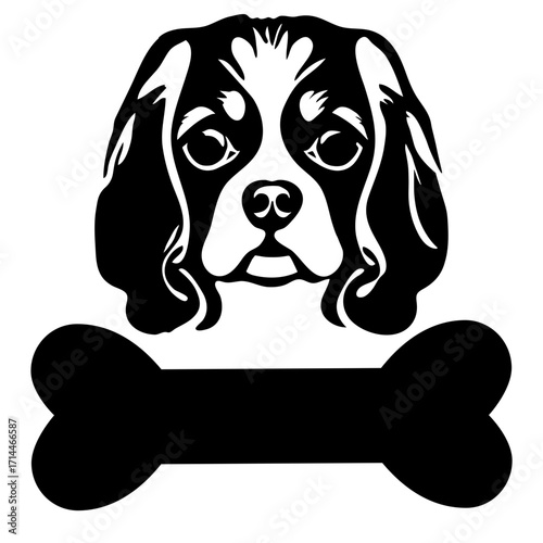 Black and white illustration of a cavalier king charles spaniel dog with a bone beneath it image vector