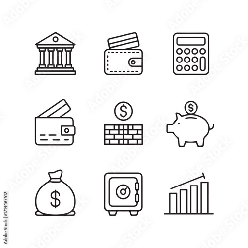 Collection of finance and banking related icons isolated on white background technology background