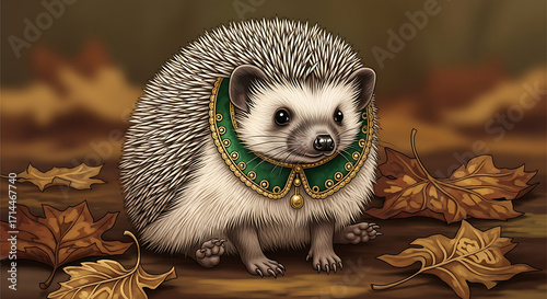 Dressed-Up Hedgehog with Golden-Leaf Crown in Autumnal Scene