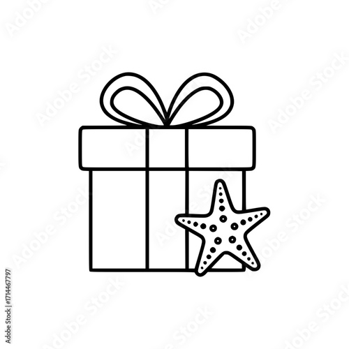 Gift box with starfish decoration, outline icon for Christmas at sea  