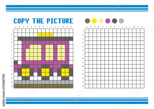 Copy the picture grid drawing worksheet for kids. Pixel art train car