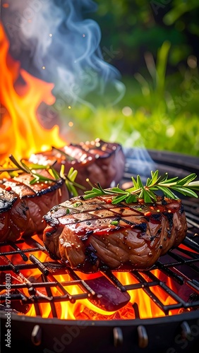 Grilled steaks on a barbecue