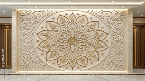 Intricate floral relief carving on a wall with golden accents