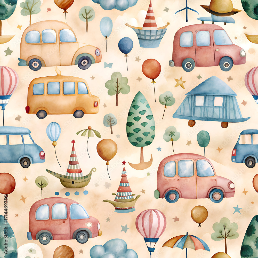 Watercolor cartoon vehicles