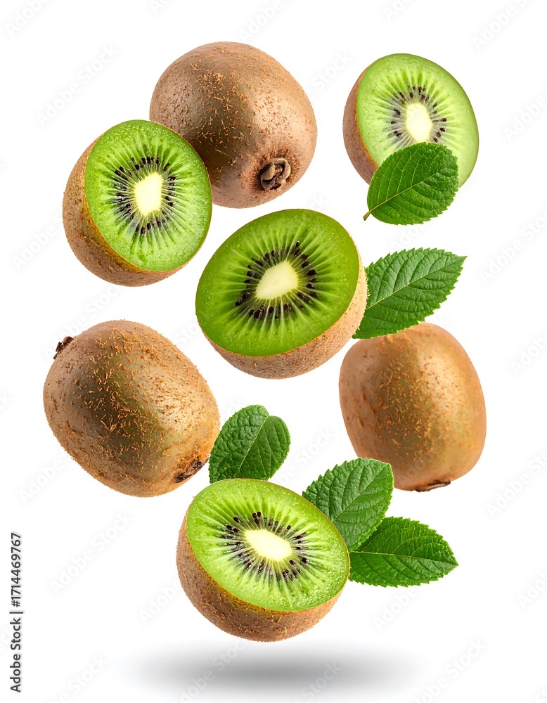 Fototapeta premium Kiwi fruit slices and whole fruit in mid-air