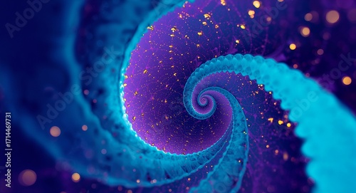 Cyan fractal spirals emerging from violet canvas with golden dots accenting infinite geometric motion