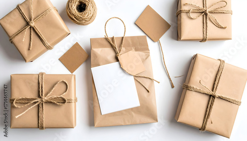 A flat lay composition of handcrafted gifts wrapped in brown kraft paper and tied with natural twine on a white background.
