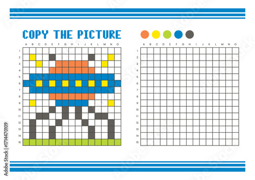 Copy the picture grid drawing worksheet for kids. Pixel art alien robots